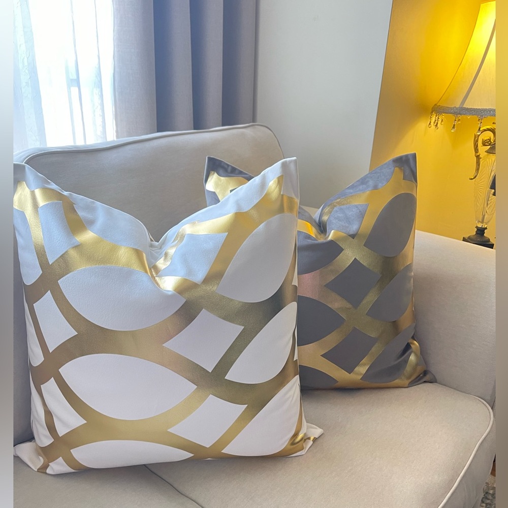 Two Luxury velvet  pillow grey,white, black with foil gold print Cover - Picture 5 of 17